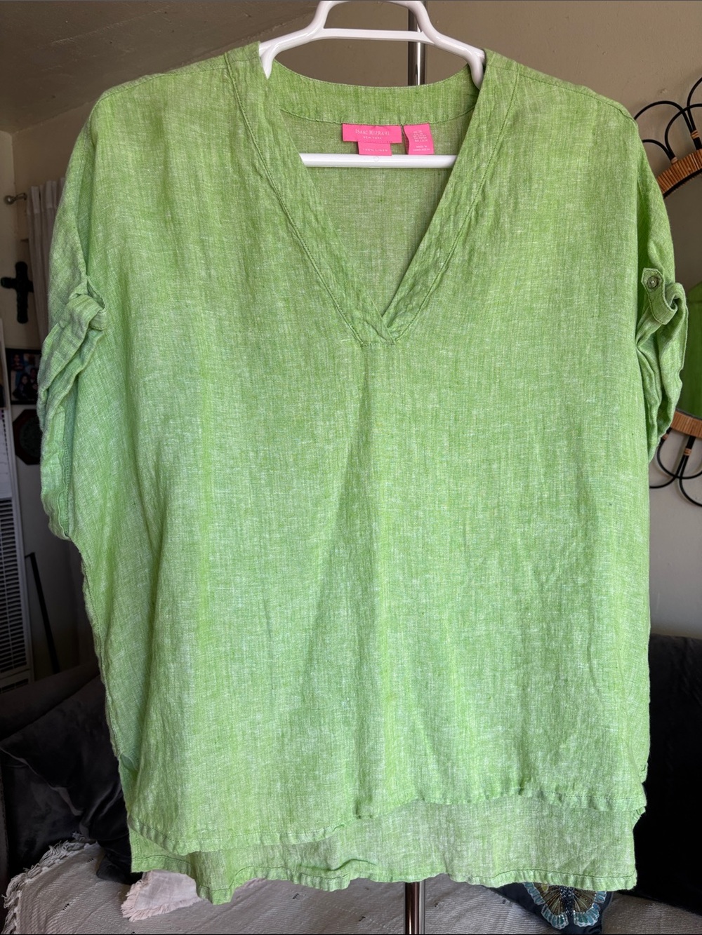 100% Linen Lime Green Short Sleeve Isaac Mizrahi Plus Size 22/24
